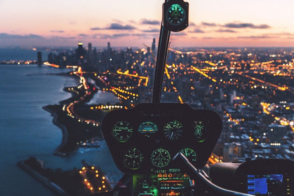 Helicopter over a city skyline